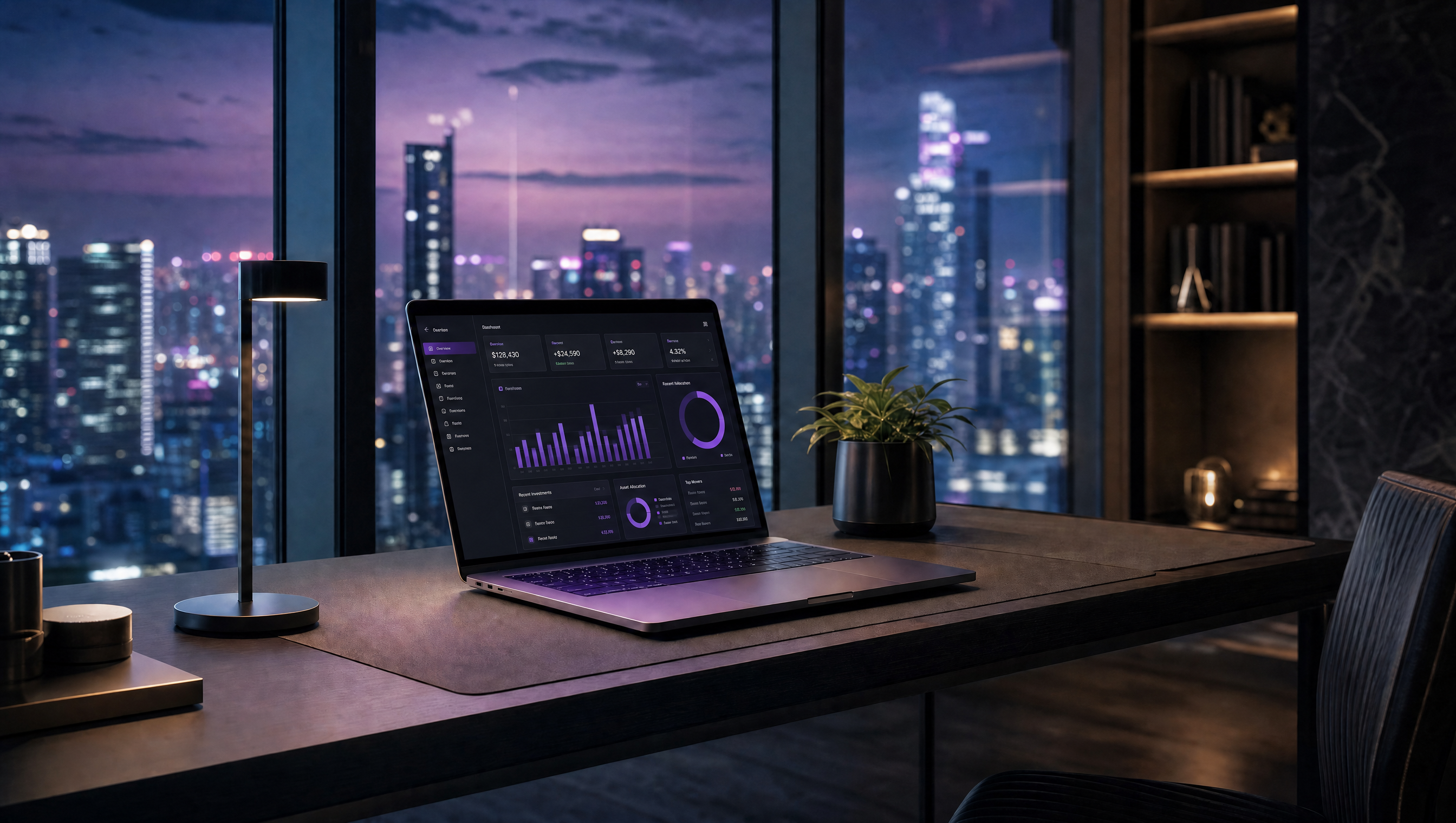 Vista de cobertura à noite com skyline roxo e um MacBook exibindo o painel da Carteira Inteligente.