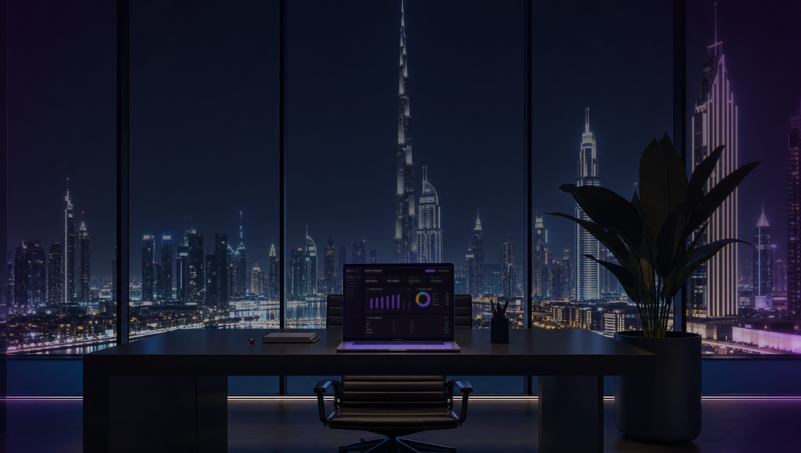 Escritório executivo à noite com janelas de vidro do chão ao teto, skyline de Dubai iluminado e um MacBook exibindo o painel da Carteira Inteligente.
